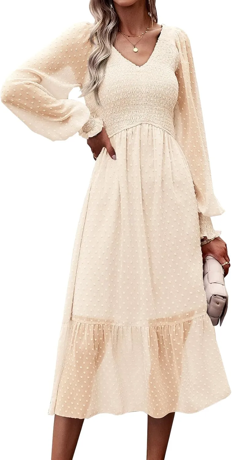 PRETTYGARDEN Women's Spring Dresses 2025 Long Sleeve V Neck Swiss Dot Empire Waist Chiffon Dress Ruffle Smocked Midi Dresses