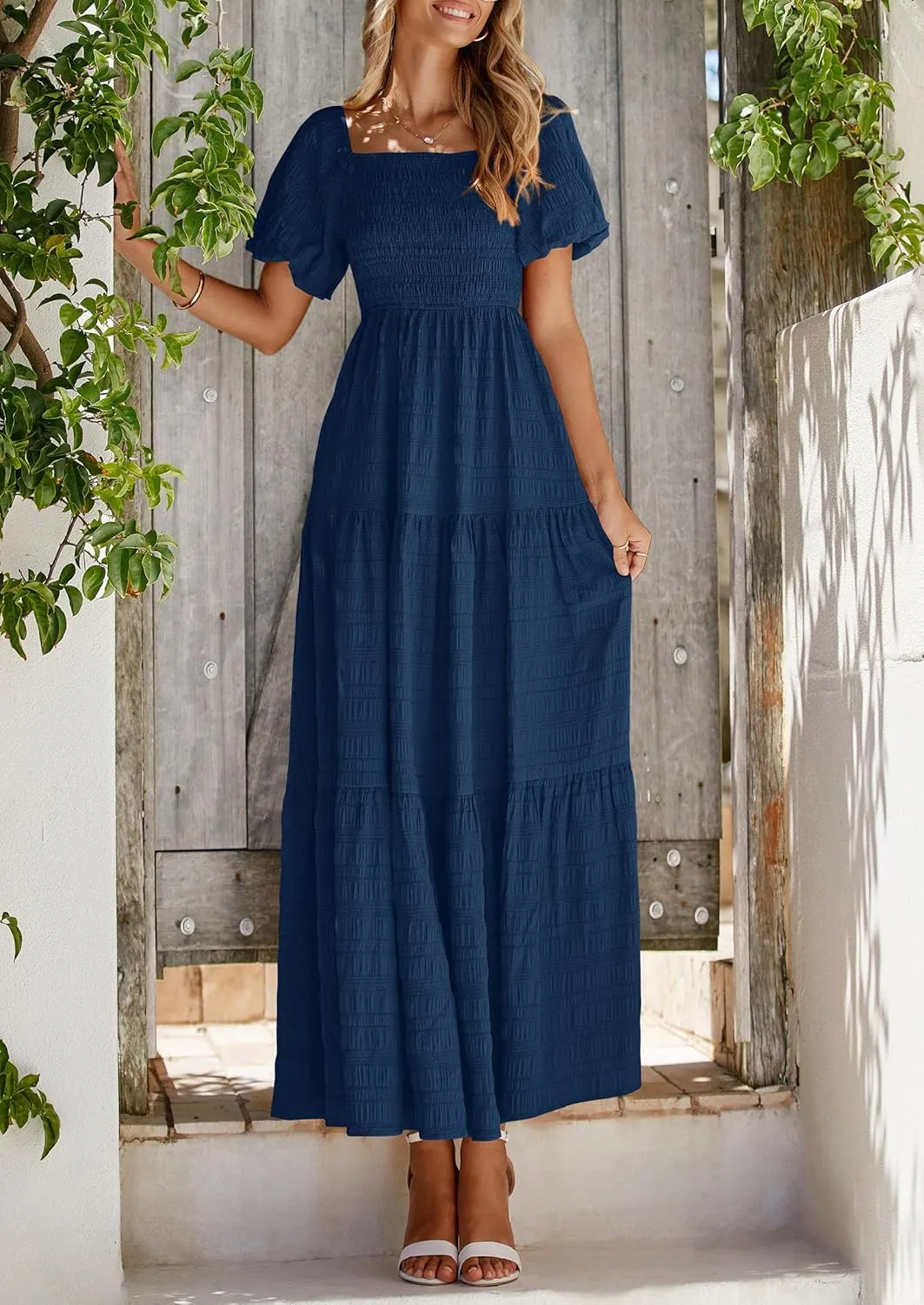 PRETTYGARDEN Womens Summer Puff Short Sleeve Maxi Dress Square Neck Smocked Tiered Ruffle A Line Long Flowy Beach Dresses