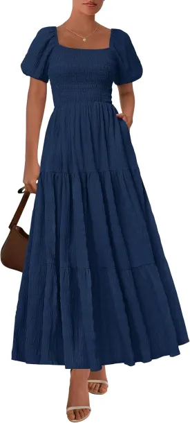 PRETTYGARDEN Womens Summer Puff Short Sleeve Maxi Dress Square Neck Smocked Tiered Ruffle A Line Long Flowy Beach Dresses