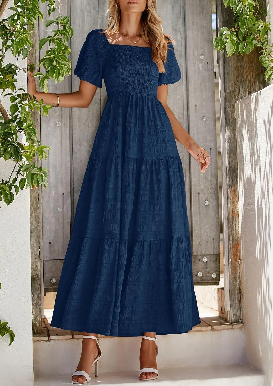 PRETTYGARDEN Womens Summer Puff Short Sleeve Maxi Dress Square Neck Smocked Tiered Ruffle A Line Long Flowy Beach Dresses