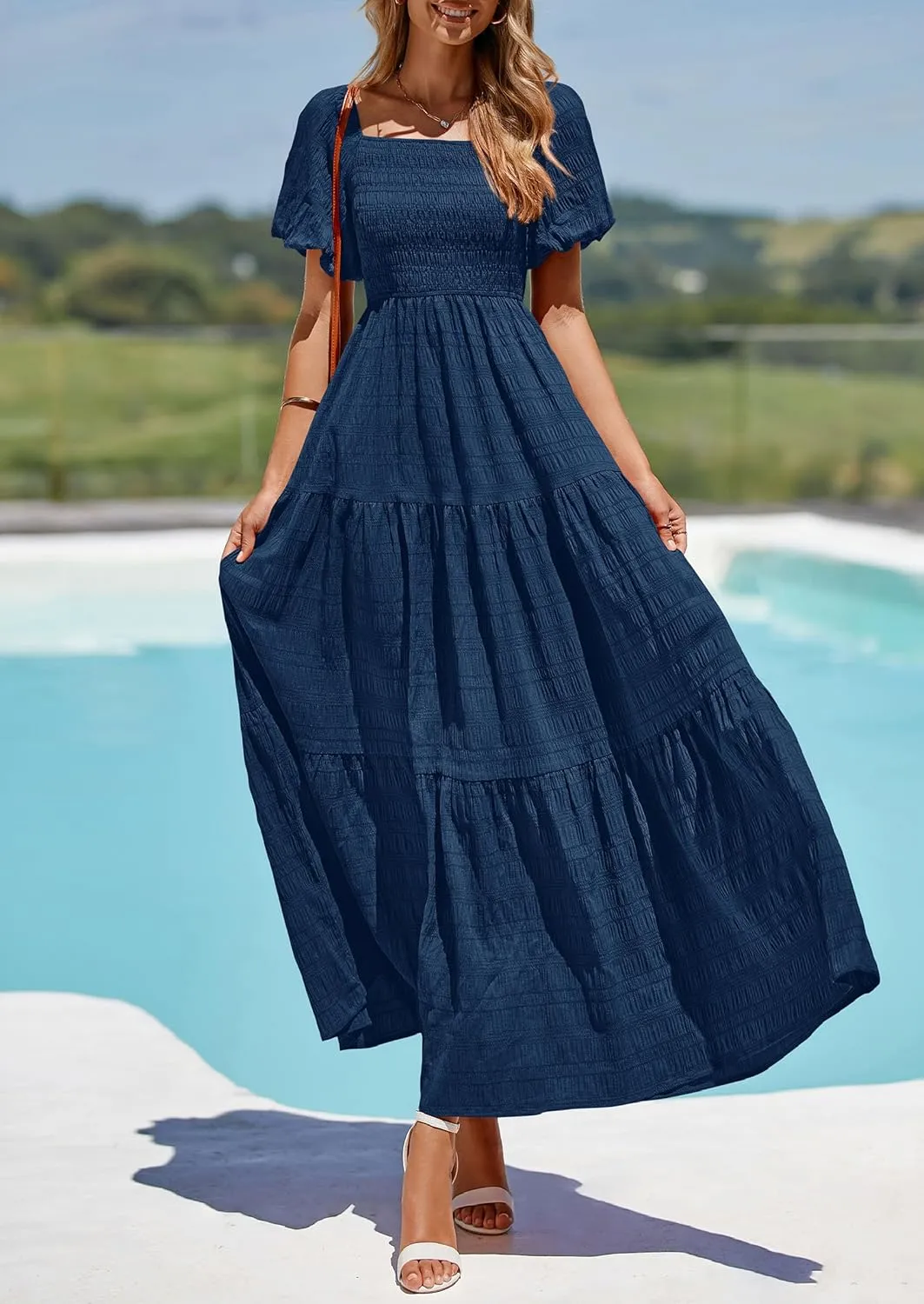 PRETTYGARDEN Womens Summer Puff Short Sleeve Maxi Dress Square Neck Smocked Tiered Ruffle A Line Long Flowy Beach Dresses