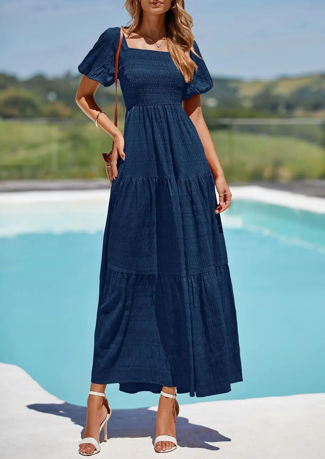PRETTYGARDEN Womens Summer Puff Short Sleeve Maxi Dress Square Neck Smocked Tiered Ruffle A Line Long Flowy Beach Dresses