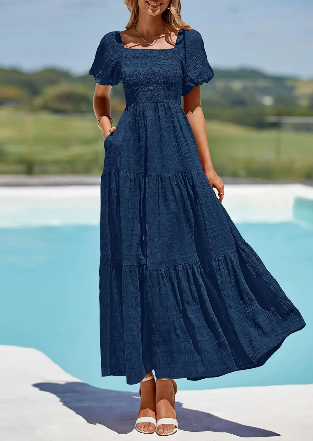 PRETTYGARDEN Womens Summer Puff Short Sleeve Maxi Dress Square Neck Smocked Tiered Ruffle A Line Long Flowy Beach Dresses