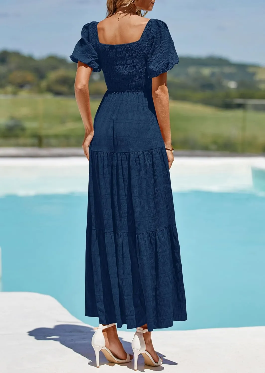 PRETTYGARDEN Womens Summer Puff Short Sleeve Maxi Dress Square Neck Smocked Tiered Ruffle A Line Long Flowy Beach Dresses