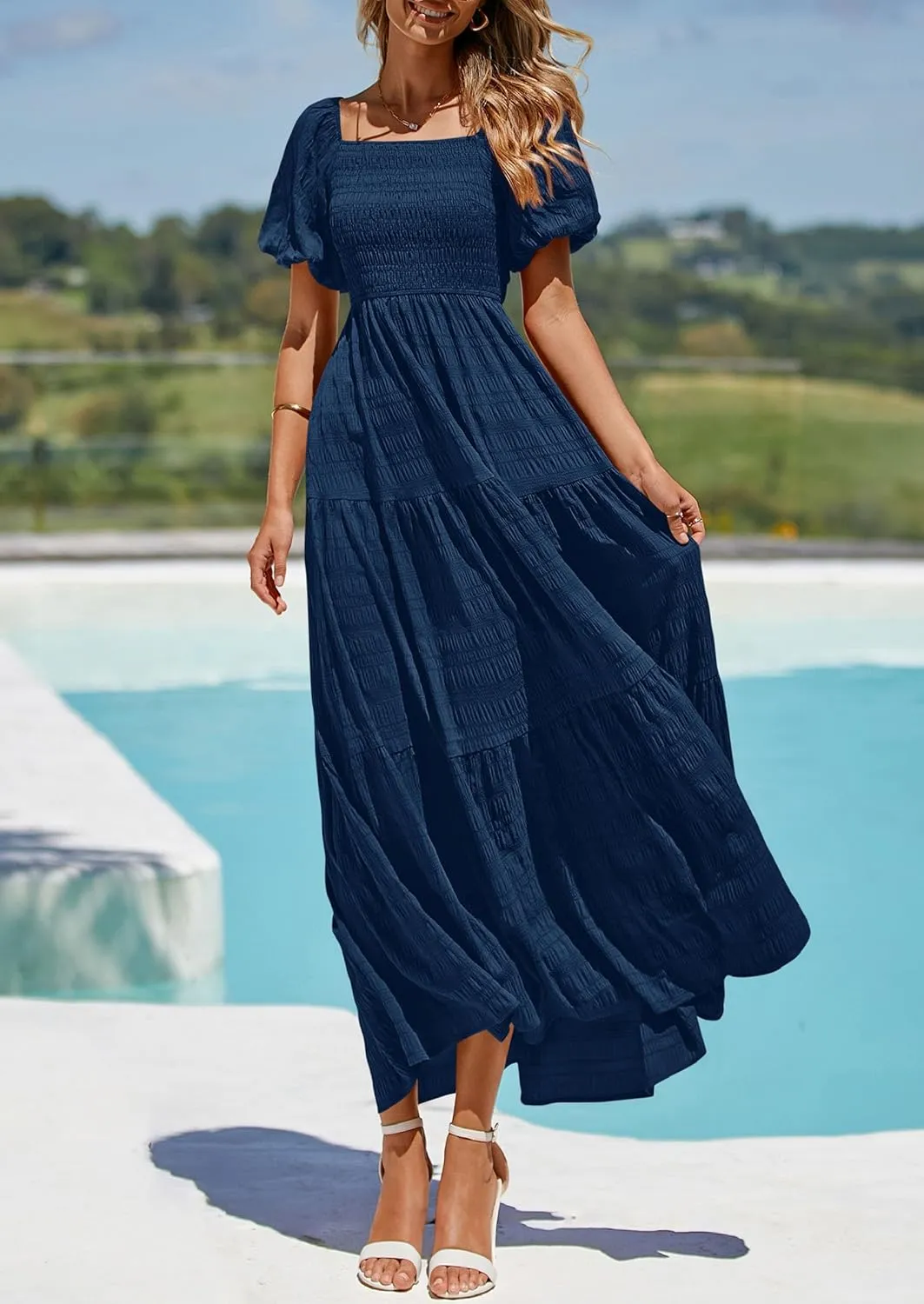 PRETTYGARDEN Womens Summer Puff Short Sleeve Maxi Dress Square Neck Smocked Tiered Ruffle A Line Long Flowy Beach Dresses