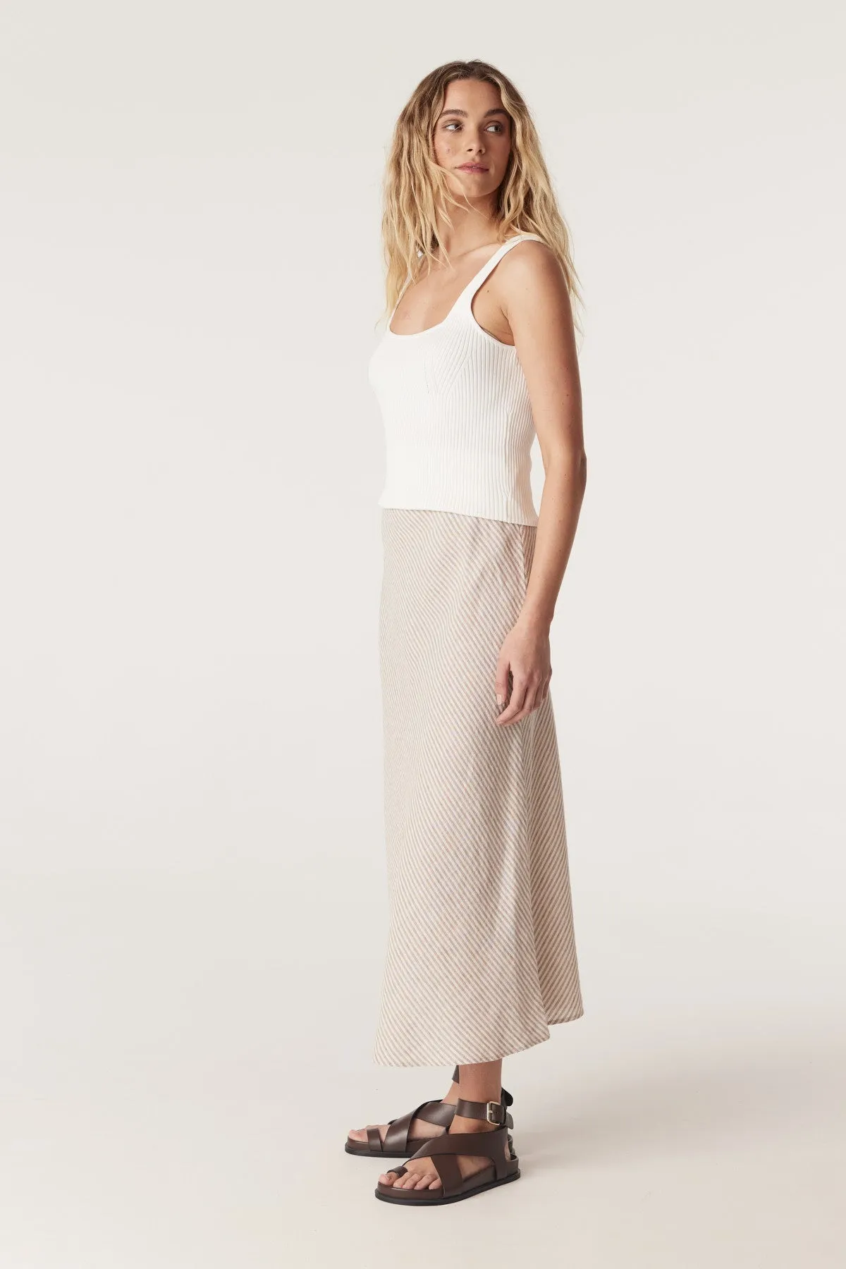 Pure Linen Bias Skirt - Natural Stripe