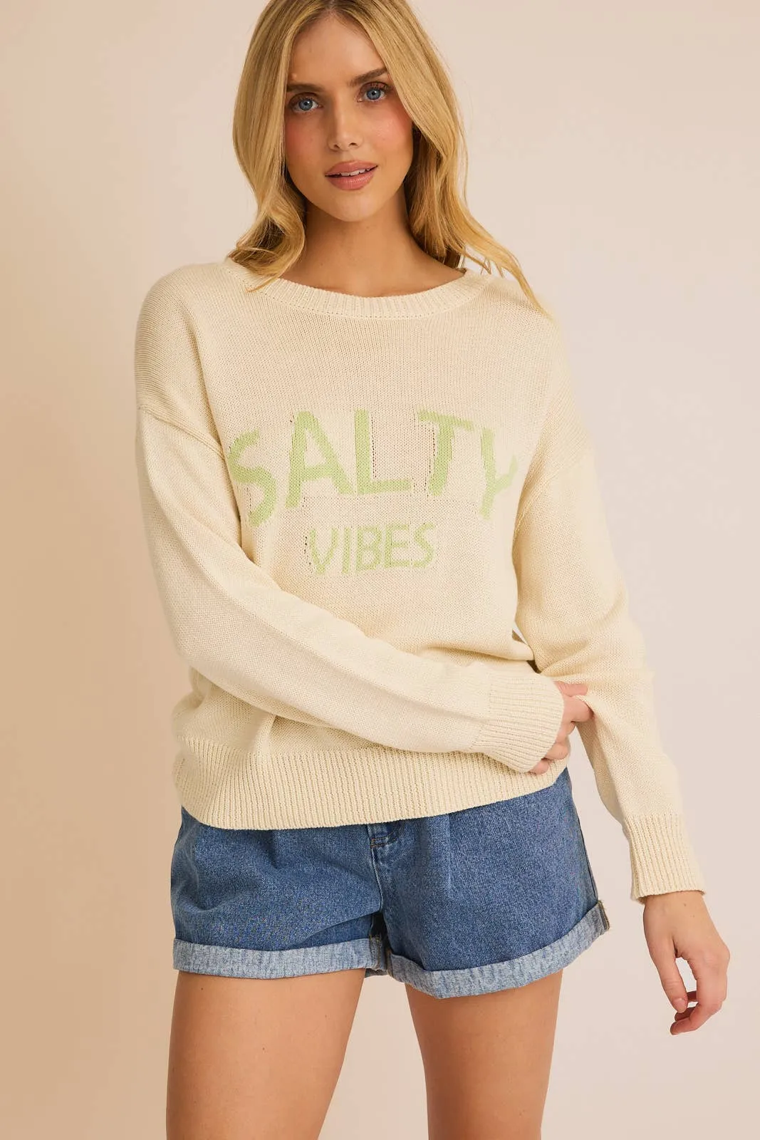 "SALTY VIBES" Lightweight Sweater - Cream