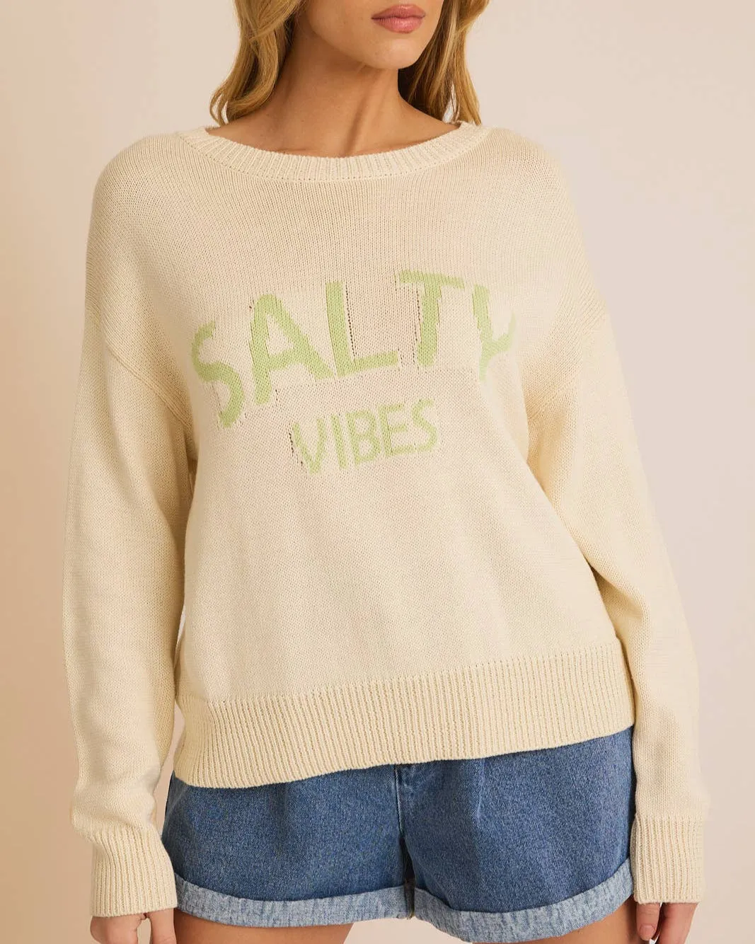 "SALTY VIBES" Lightweight Sweater - Cream