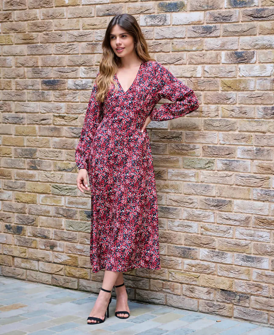 Red Floral Printed Long Sleeve Midi Dress