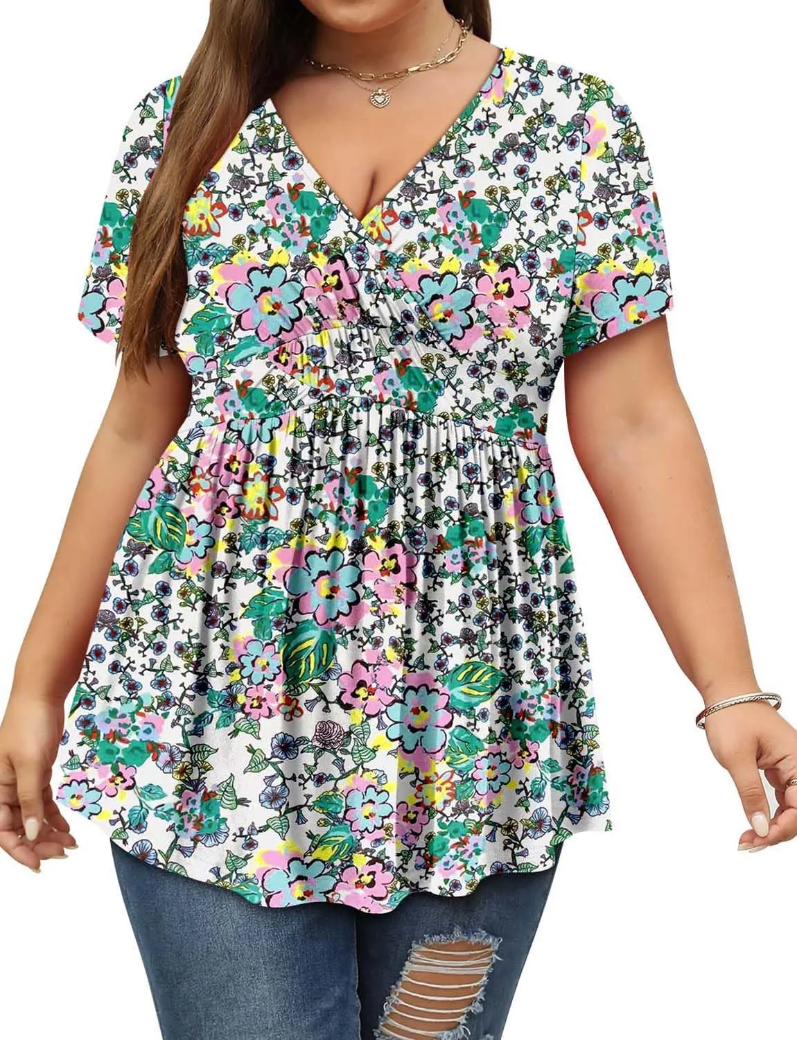 ROSELINLIN Plus Size Womens Tunic Top Short Sleeve V Neck Floral Summer Top