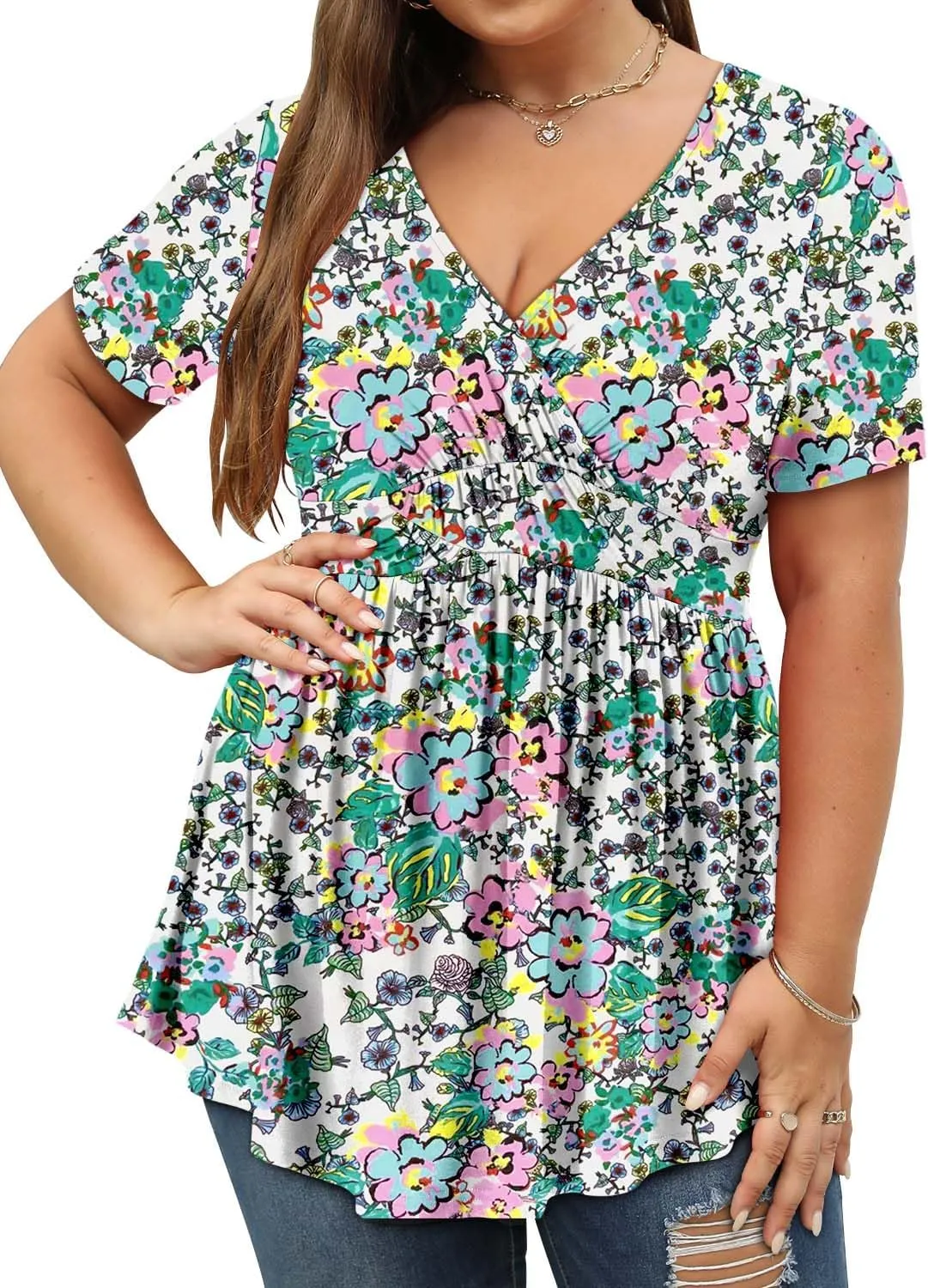 ROSELINLIN Plus Size Womens Tunic Top Short Sleeve V Neck Floral Summer Top