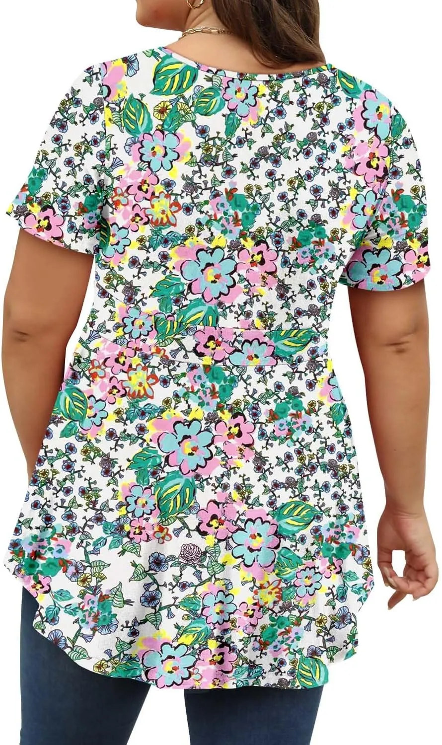 ROSELINLIN Plus Size Womens Tunic Top Short Sleeve V Neck Floral Summer Top