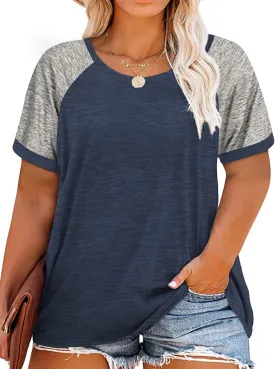 ROSRISS Plus Size Tops for Women Summer Raglan Color Block T Shirts Short Sleeve Loose Fit Tee
