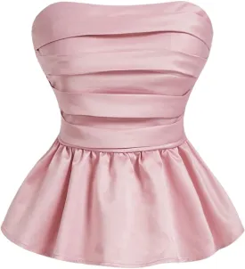 SHENHE Women's Floral Print Ruffle Hem Top Strapless Ruched Smocked Cute Peplum Top