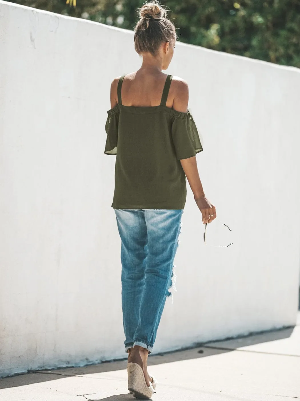 Solid Cutout Cold Shoulder Top