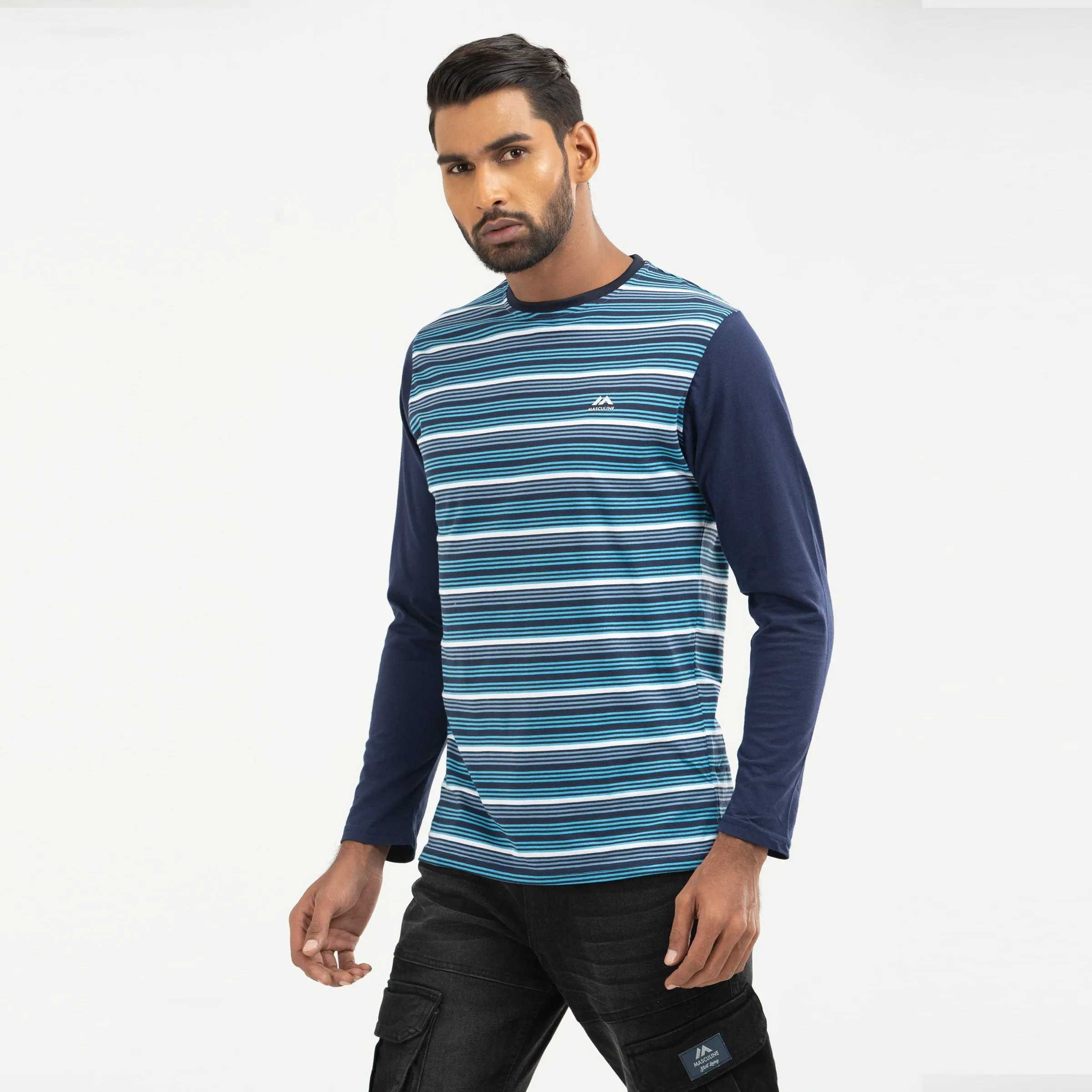 Stripe Contrast Long Sleeve T-shirt - Blue & navy