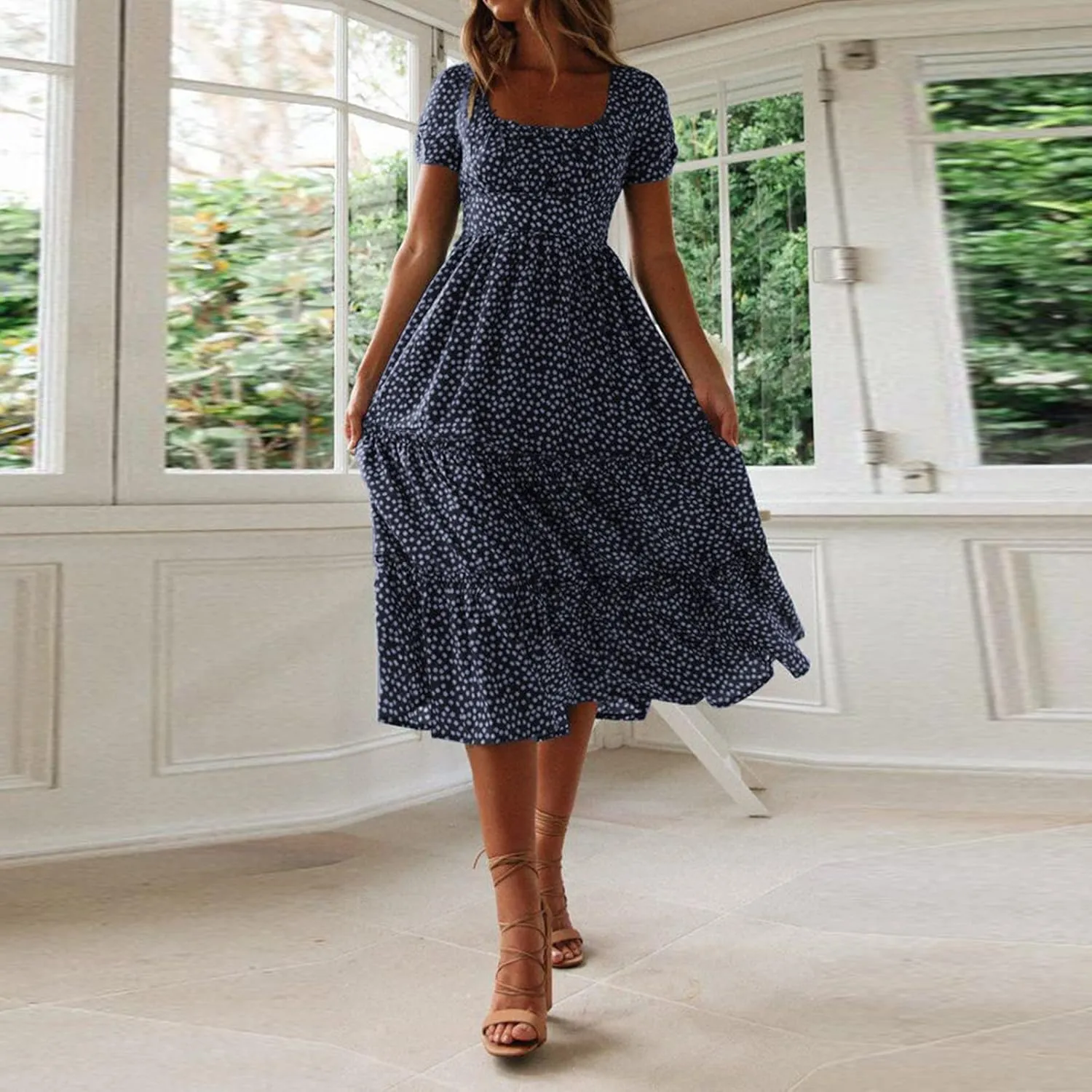 Summer Dresses for Women 2025 Polka Dot Chiffon Elegant Flowy Summer Dress Loose Tiered A Line Boho Beach Sundress