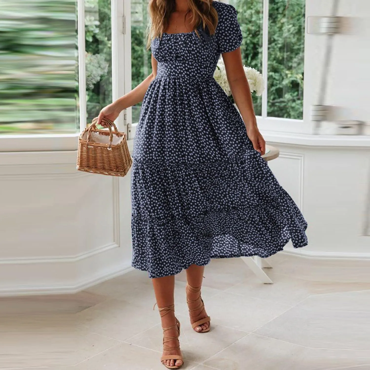 Summer Dresses for Women 2025 Polka Dot Chiffon Elegant Flowy Summer Dress Loose Tiered A Line Boho Beach Sundress