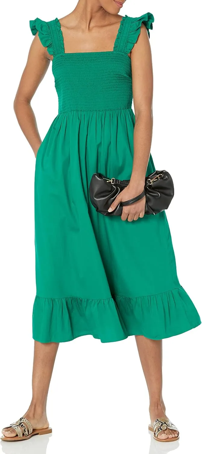 The Drop Women's Kimi Ruffled Shoulder Smocked Midi Dress