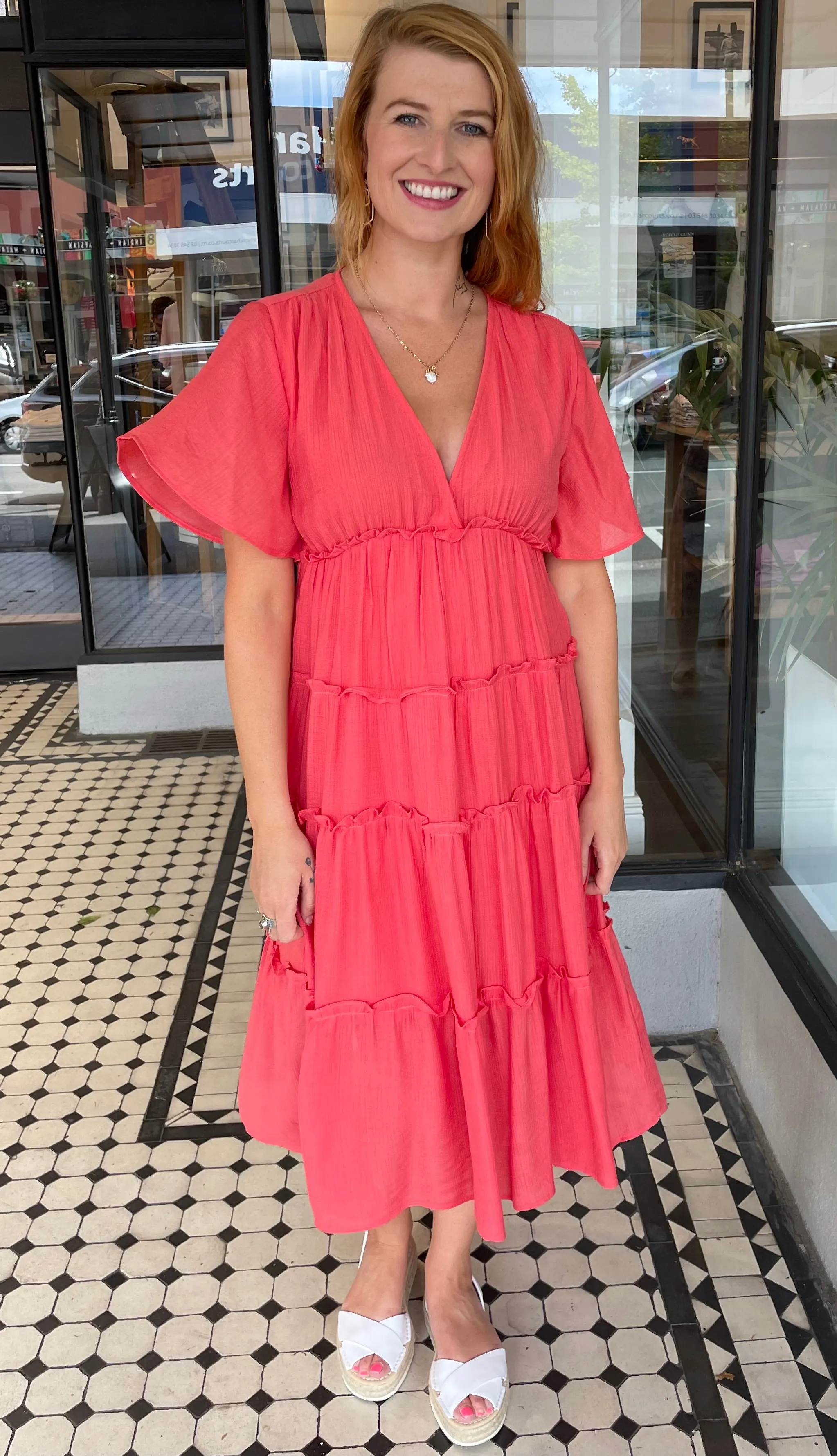 Val Textured Tiered Midi Dress Coral