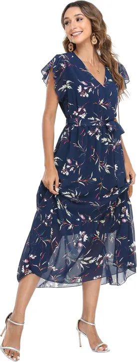 VintageClothing Womens Sundress Casual Floral Summer Boho Dress Flowy Wrap V Neck Ruffle A-Line Pleated Hem Midi Dresses