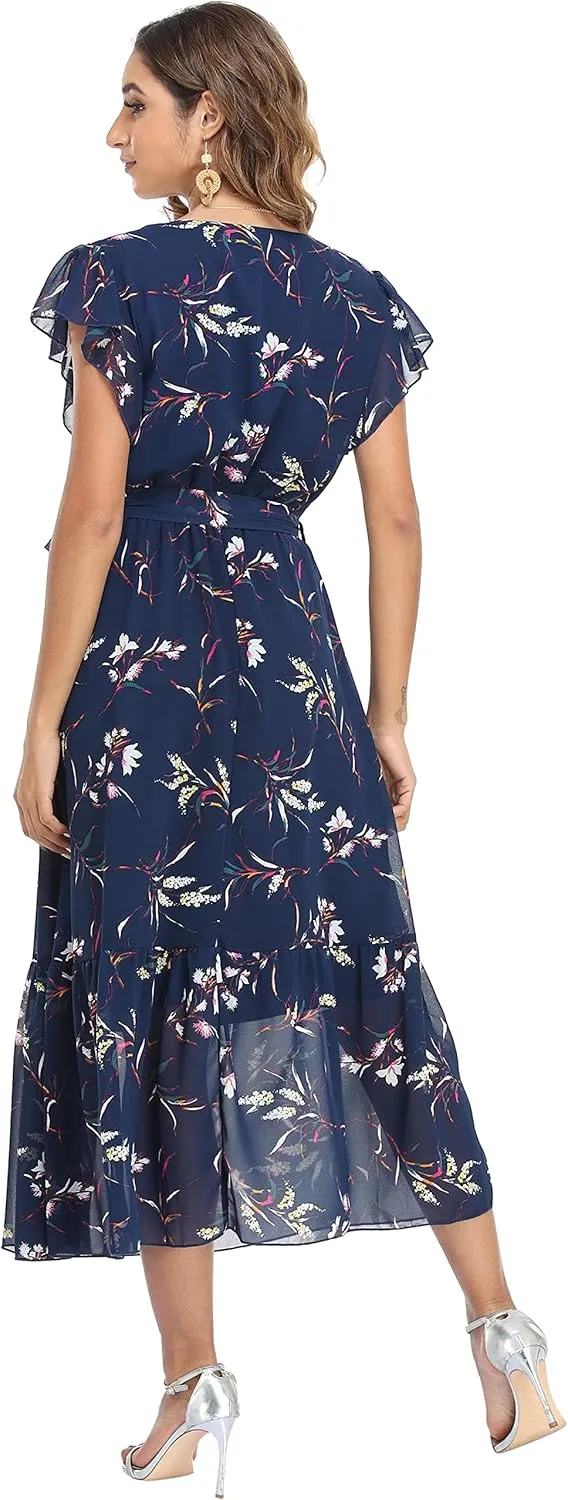 VintageClothing Womens Sundress Casual Floral Summer Boho Dress Flowy Wrap V Neck Ruffle A-Line Pleated Hem Midi Dresses