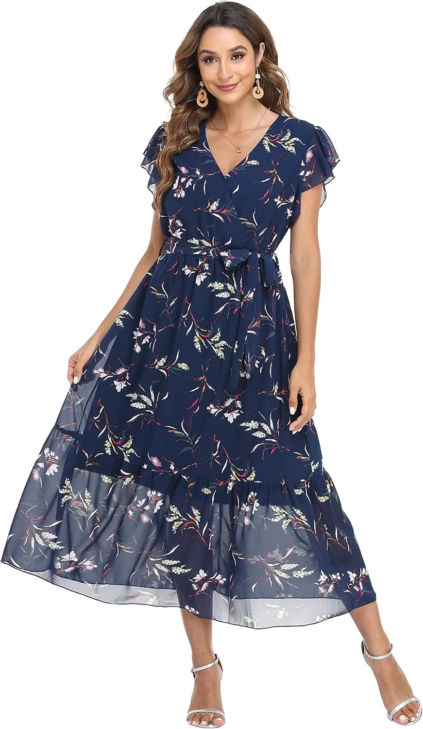 VintageClothing Womens Sundress Casual Floral Summer Boho Dress Flowy Wrap V Neck Ruffle A-Line Pleated Hem Midi Dresses
