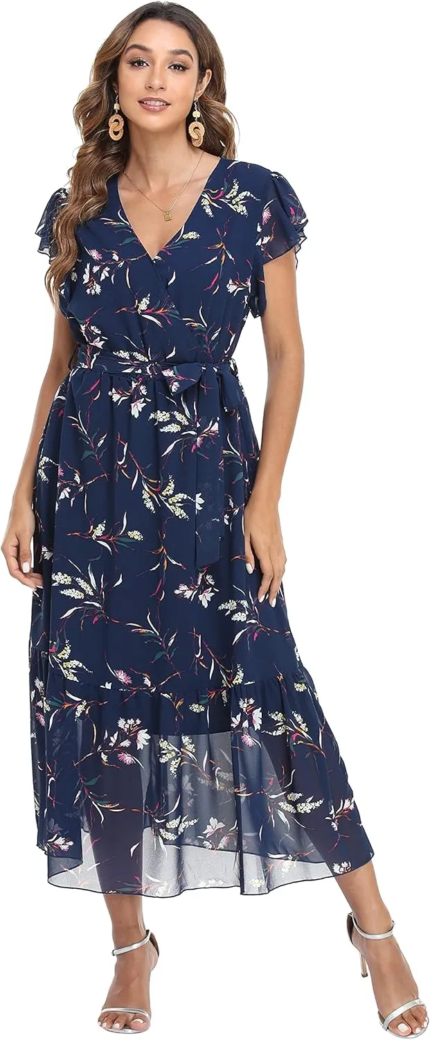 VintageClothing Womens Sundress Casual Floral Summer Boho Dress Flowy Wrap V Neck Ruffle A-Line Pleated Hem Midi Dresses