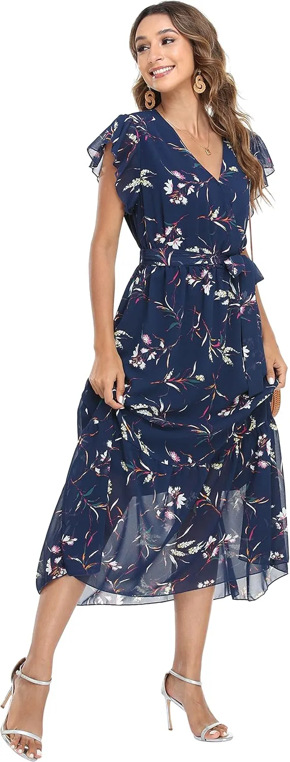 VintageClothing Womens Sundress Casual Floral Summer Boho Dress Flowy Wrap V Neck Ruffle A-Line Pleated Hem Midi Dresses