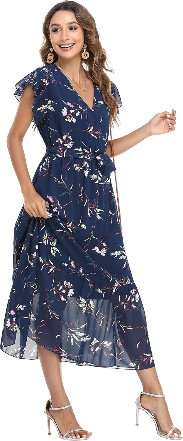 VintageClothing Womens Sundress Casual Floral Summer Boho Dress Flowy Wrap V Neck Ruffle A-Line Pleated Hem Midi Dresses