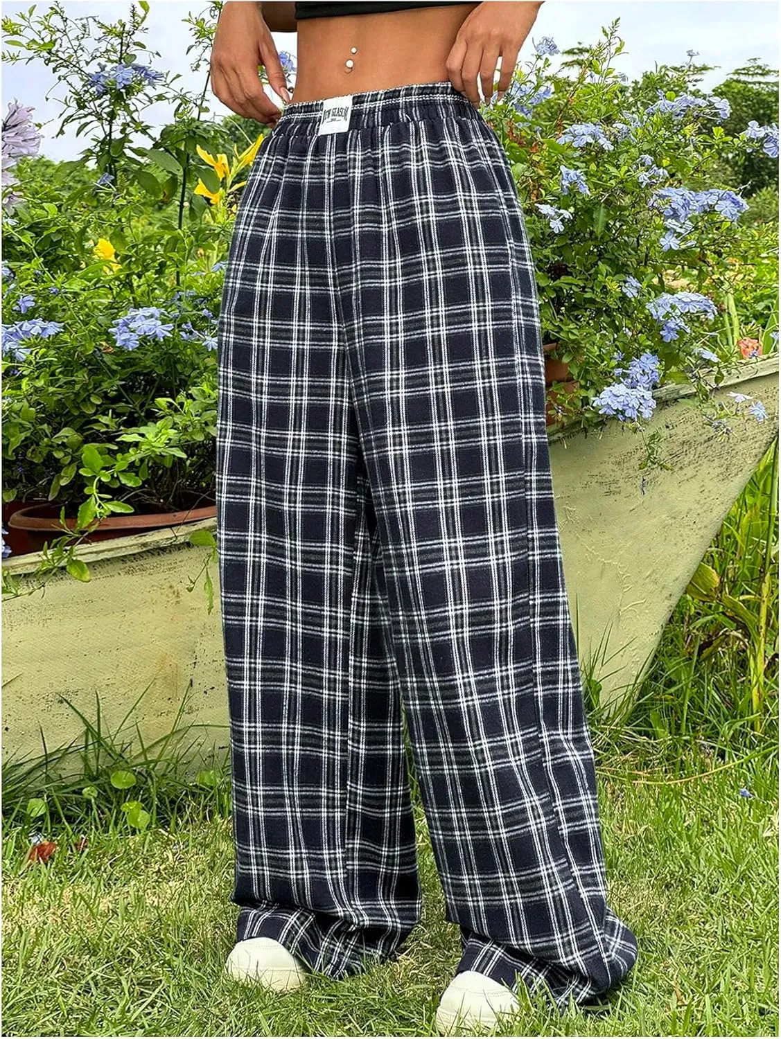 WDIRARA Women's Striped Print Straight Leg Pants Elastic Waist Casual Trousers with Pockets