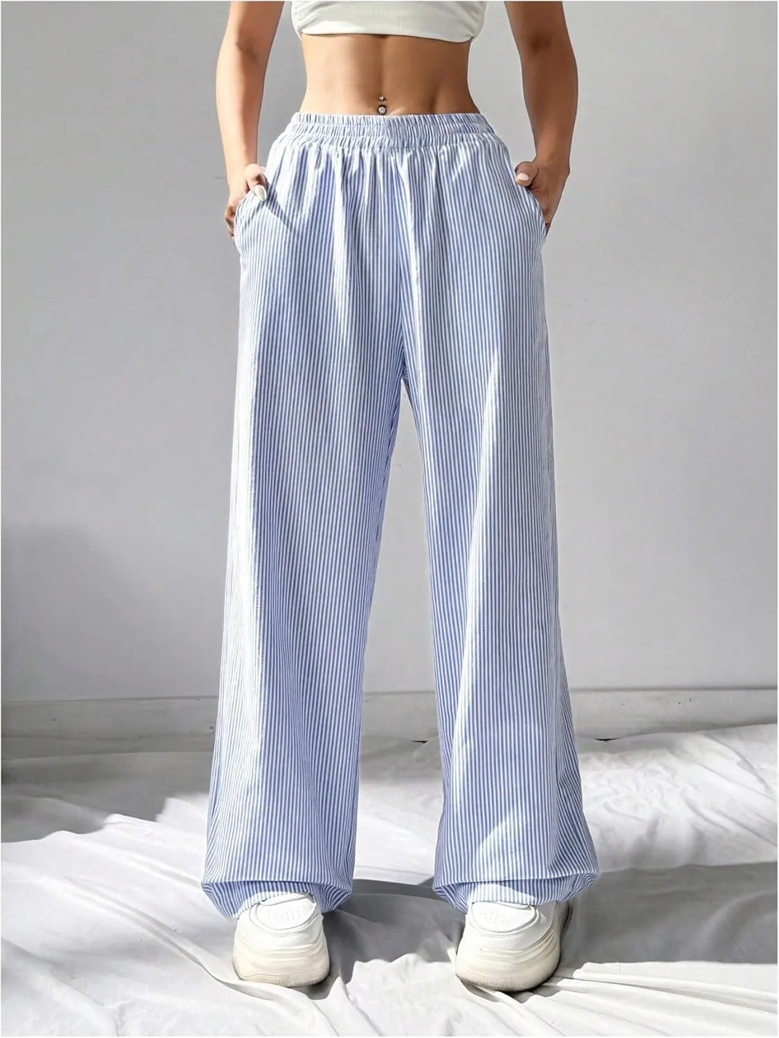 WDIRARA Women's Striped Print Straight Leg Pants Elastic Waist Casual Trousers with Pockets