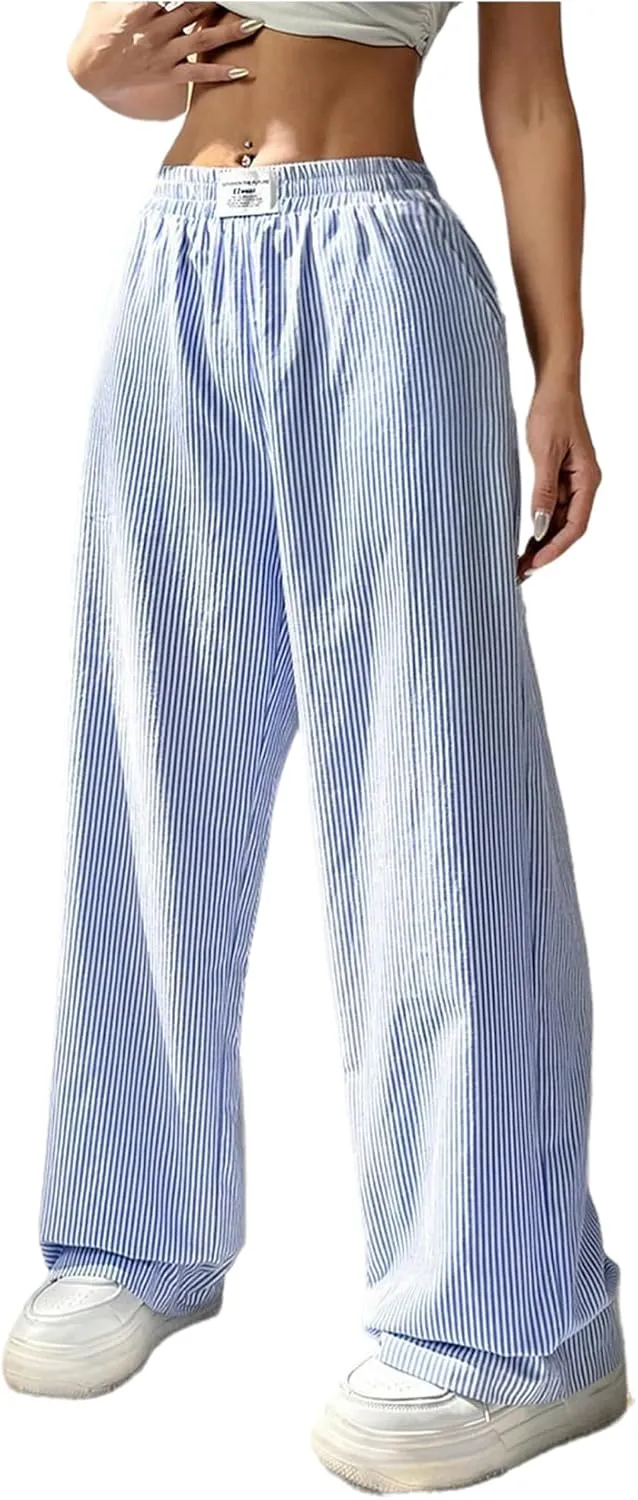 WDIRARA Women's Striped Print Straight Leg Pants Elastic Waist Casual Trousers with Pockets