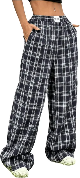 WDIRARA Women's Striped Print Straight Leg Pants Elastic Waist Casual Trousers with Pockets