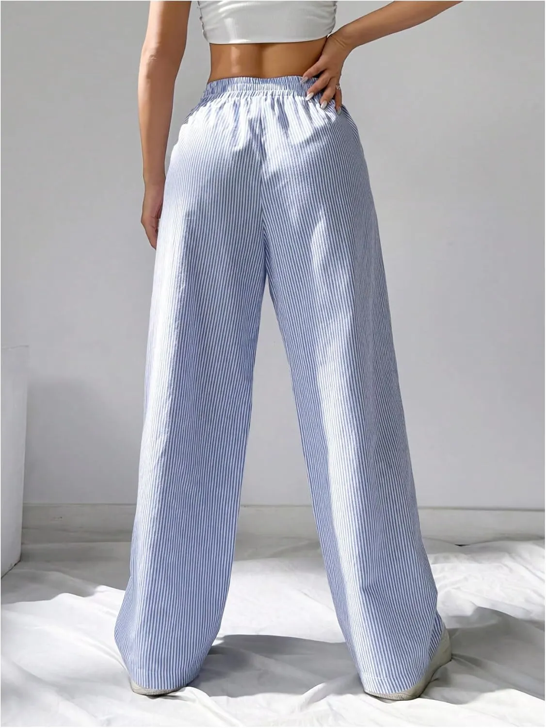 WDIRARA Women's Striped Print Straight Leg Pants Elastic Waist Casual Trousers with Pockets