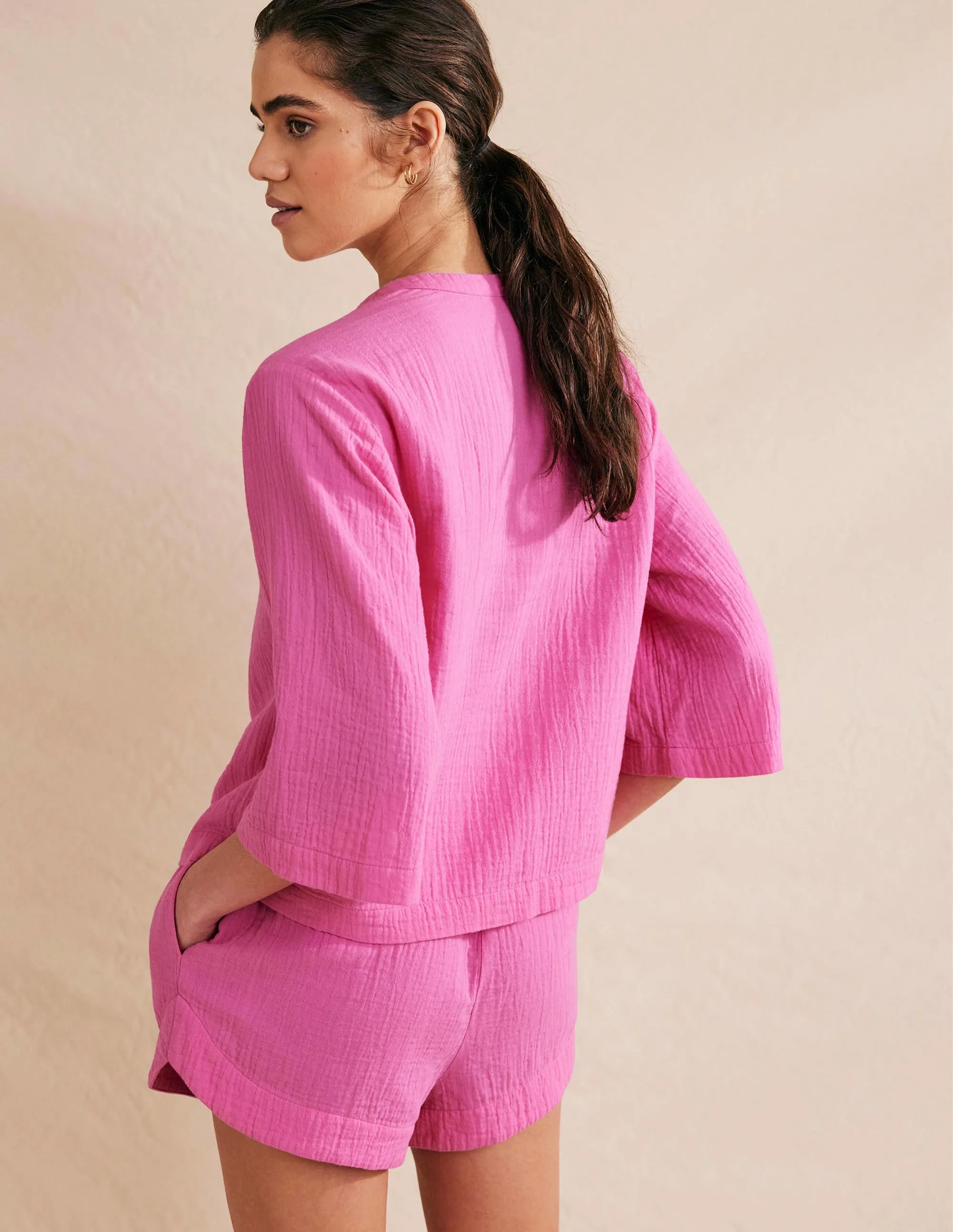 Wide Sleeve Cheesecloth Top-Festival Pink