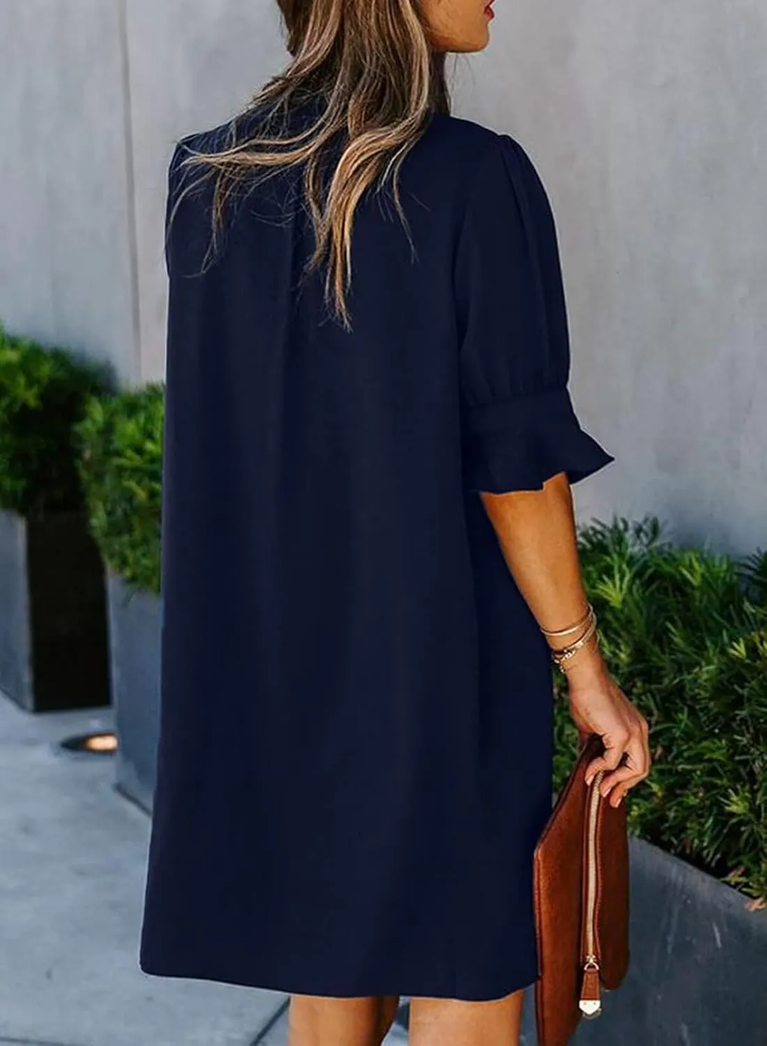 Wkior Shift Dress for Women V Neck Short Sleeves Solid Color Casual Flowy Summer Dresses(S-2XL)