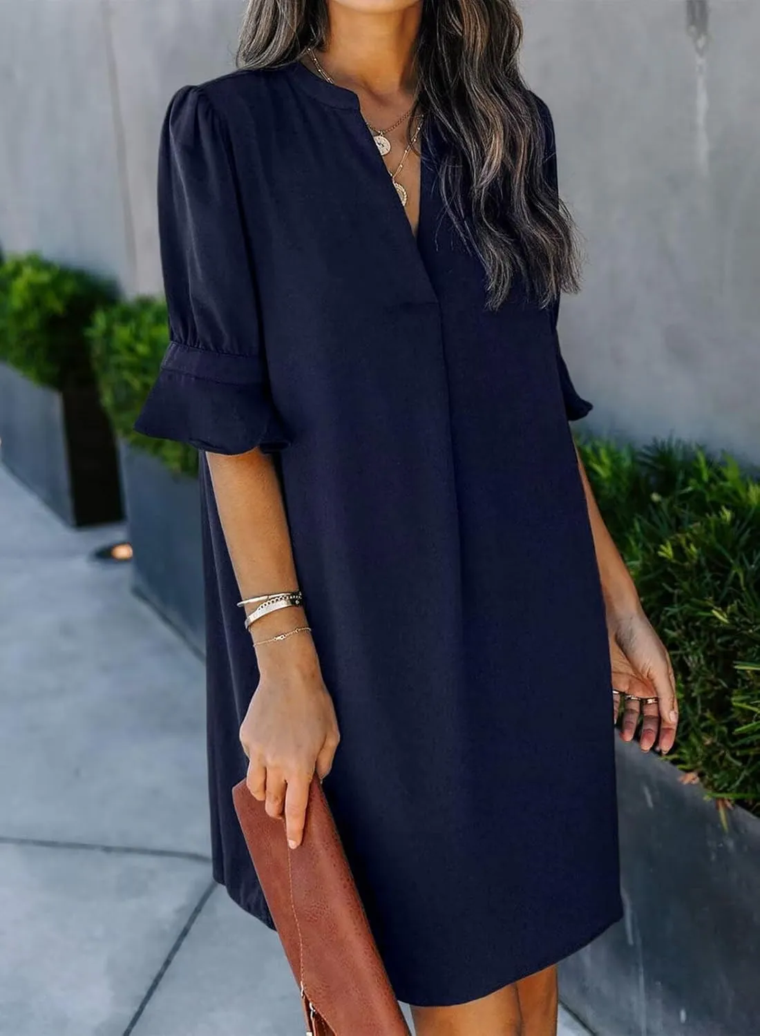 Wkior Shift Dress for Women V Neck Short Sleeves Solid Color Casual Flowy Summer Dresses(S-2XL)