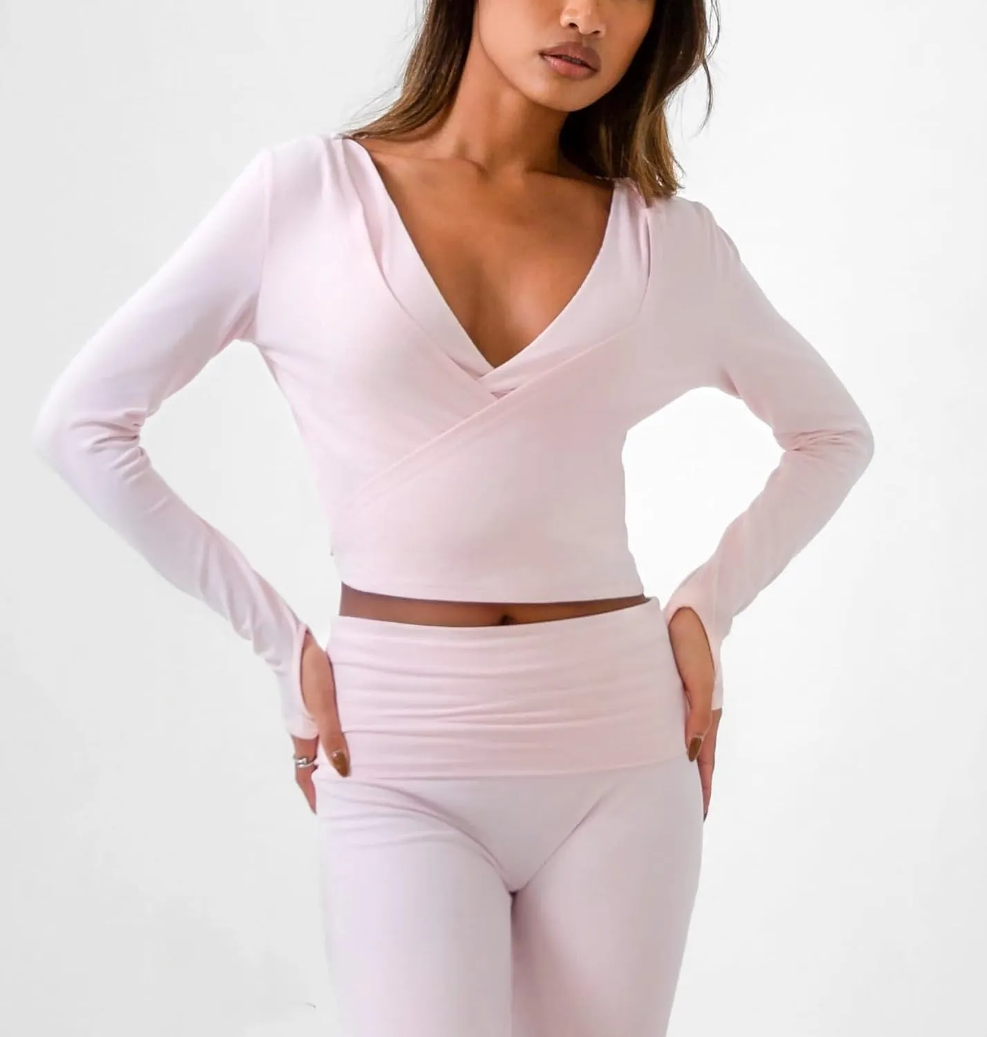 Women Ballet Wrap Top Deep V Neck Cross Wrap Crop Top Slim Fit Tie Front Long Sleeve Workout Yoga Shirt Coquette Blouse