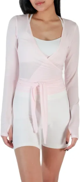 Women Ballet Wrap Top Deep V Neck Cross Wrap Crop Top Slim Fit Tie Front Long Sleeve Workout Yoga Shirt Coquette Blouse