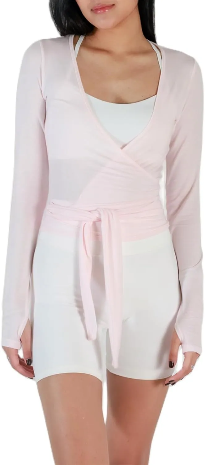Women Ballet Wrap Top Deep V Neck Cross Wrap Crop Top Slim Fit Tie Front Long Sleeve Workout Yoga Shirt Coquette Blouse