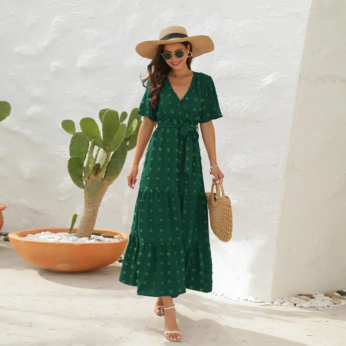 Women Boho Swiss Dot Maxi Dress with Belt Casual Summer Dresses V Neck Short Sleeve Ruffle Tiered Long Cocktail Dress