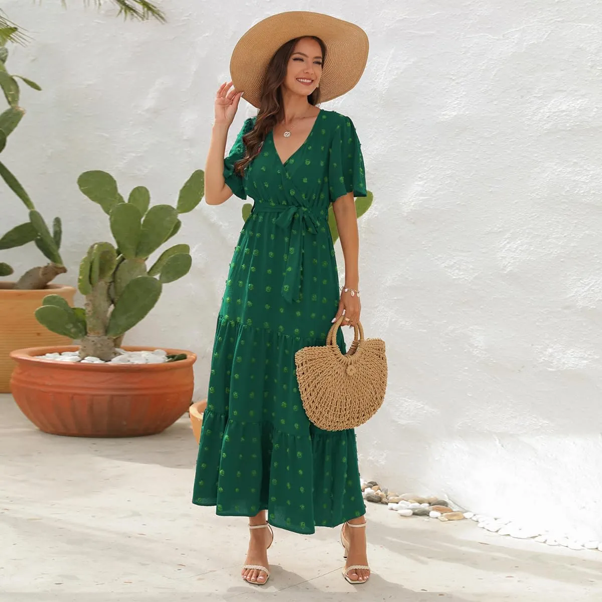 Women Boho Swiss Dot Maxi Dress with Belt Casual Summer Dresses V Neck Short Sleeve Ruffle Tiered Long Cocktail Dress
