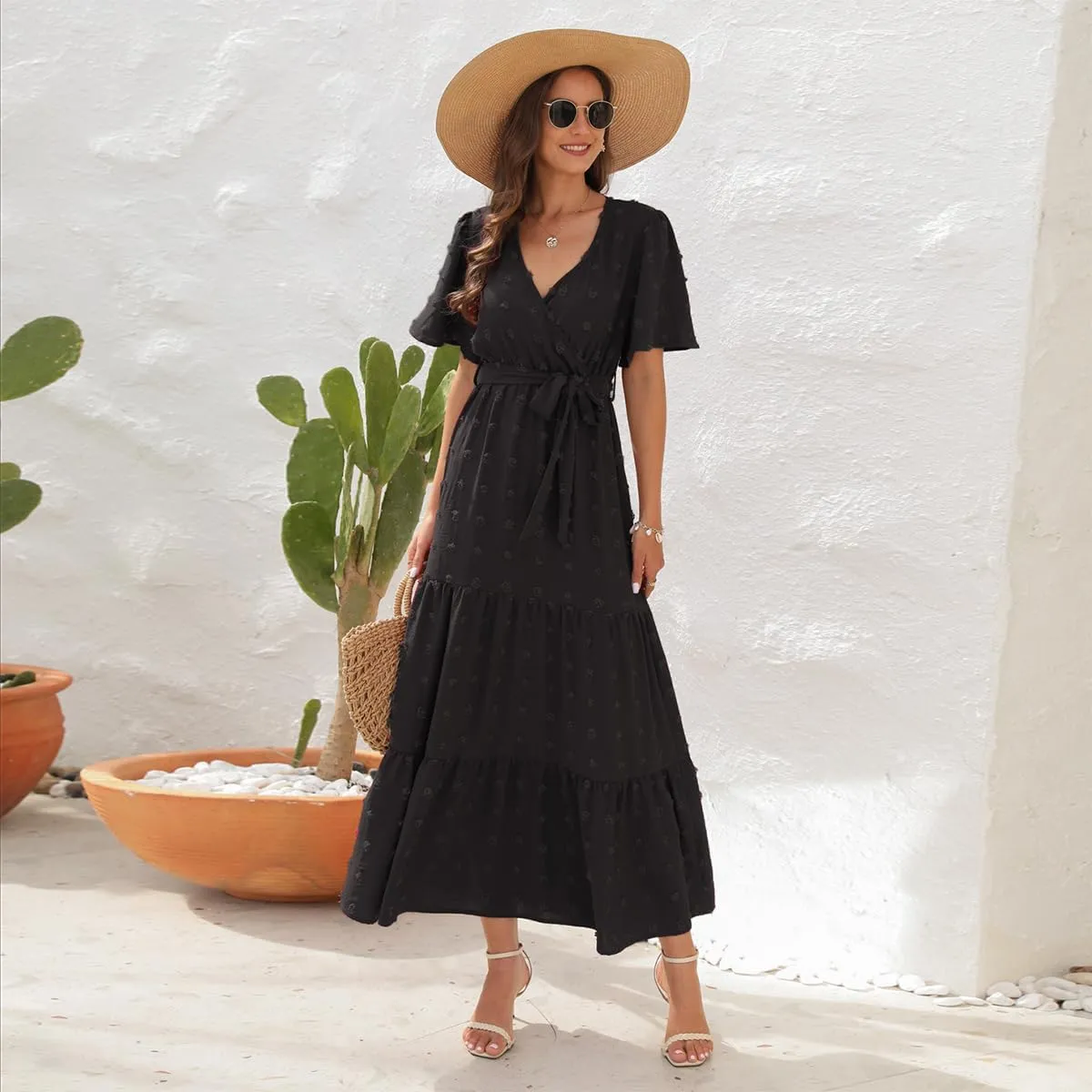 Women Boho Swiss Dot Maxi Dress with Belt Casual Summer Dresses V Neck Short Sleeve Ruffle Tiered Long Cocktail Dress