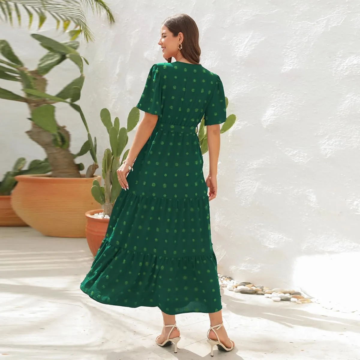 Women Boho Swiss Dot Maxi Dress with Belt Casual Summer Dresses V Neck Short Sleeve Ruffle Tiered Long Cocktail Dress