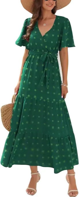 Women Boho Swiss Dot Maxi Dress with Belt Casual Summer Dresses V Neck Short Sleeve Ruffle Tiered Long Cocktail Dress