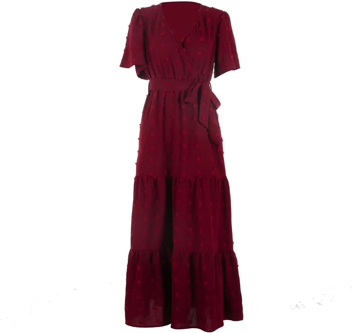 Women Boho Swiss Dot Maxi Dress with Belt Casual Summer Dresses V Neck Short Sleeve Ruffle Tiered Long Cocktail Dress
