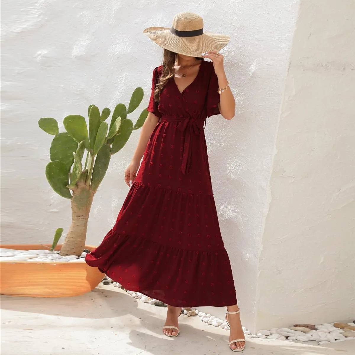 Women Boho Swiss Dot Maxi Dress with Belt Casual Summer Dresses V Neck Short Sleeve Ruffle Tiered Long Cocktail Dress