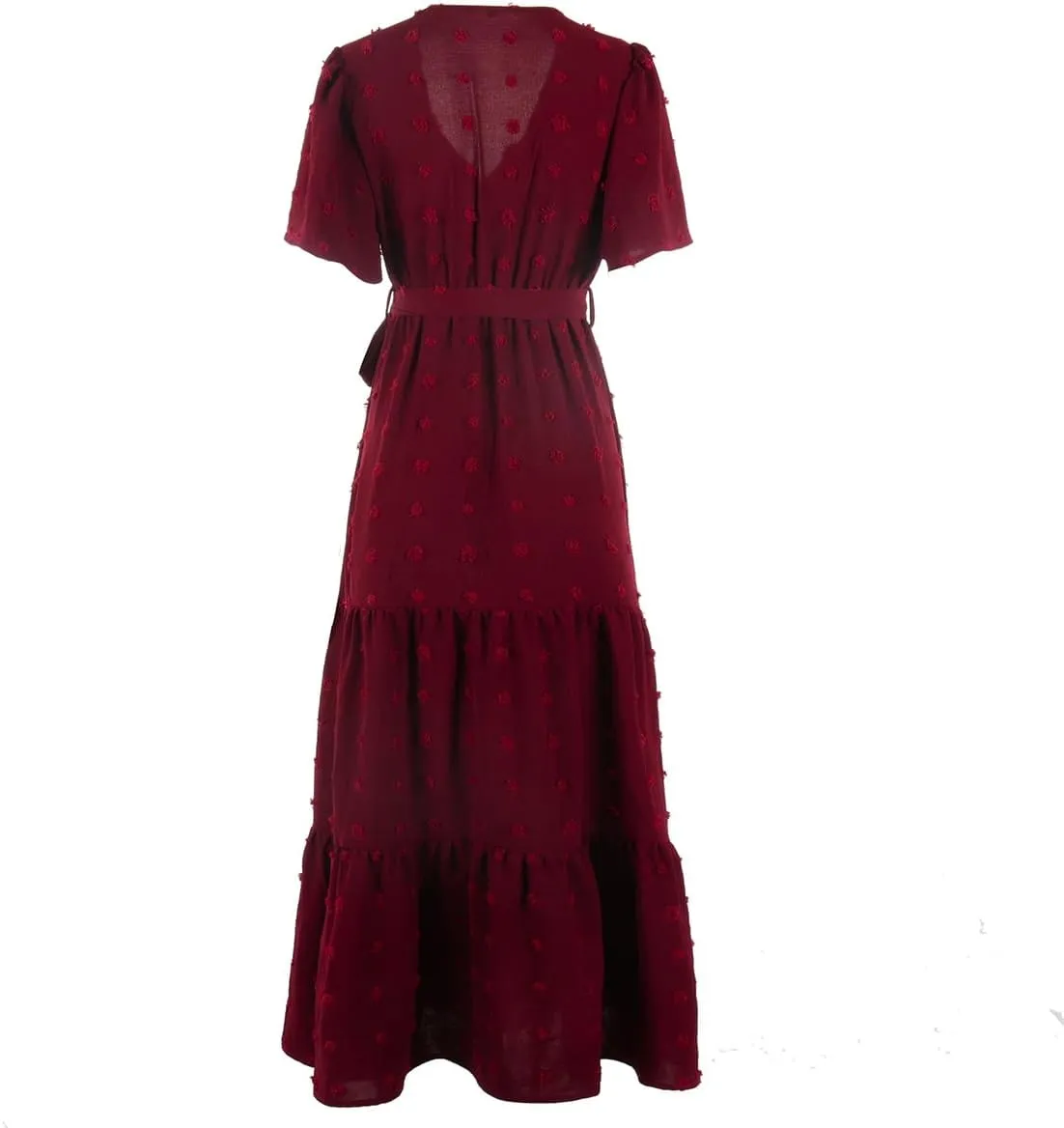 Women Boho Swiss Dot Maxi Dress with Belt Casual Summer Dresses V Neck Short Sleeve Ruffle Tiered Long Cocktail Dress