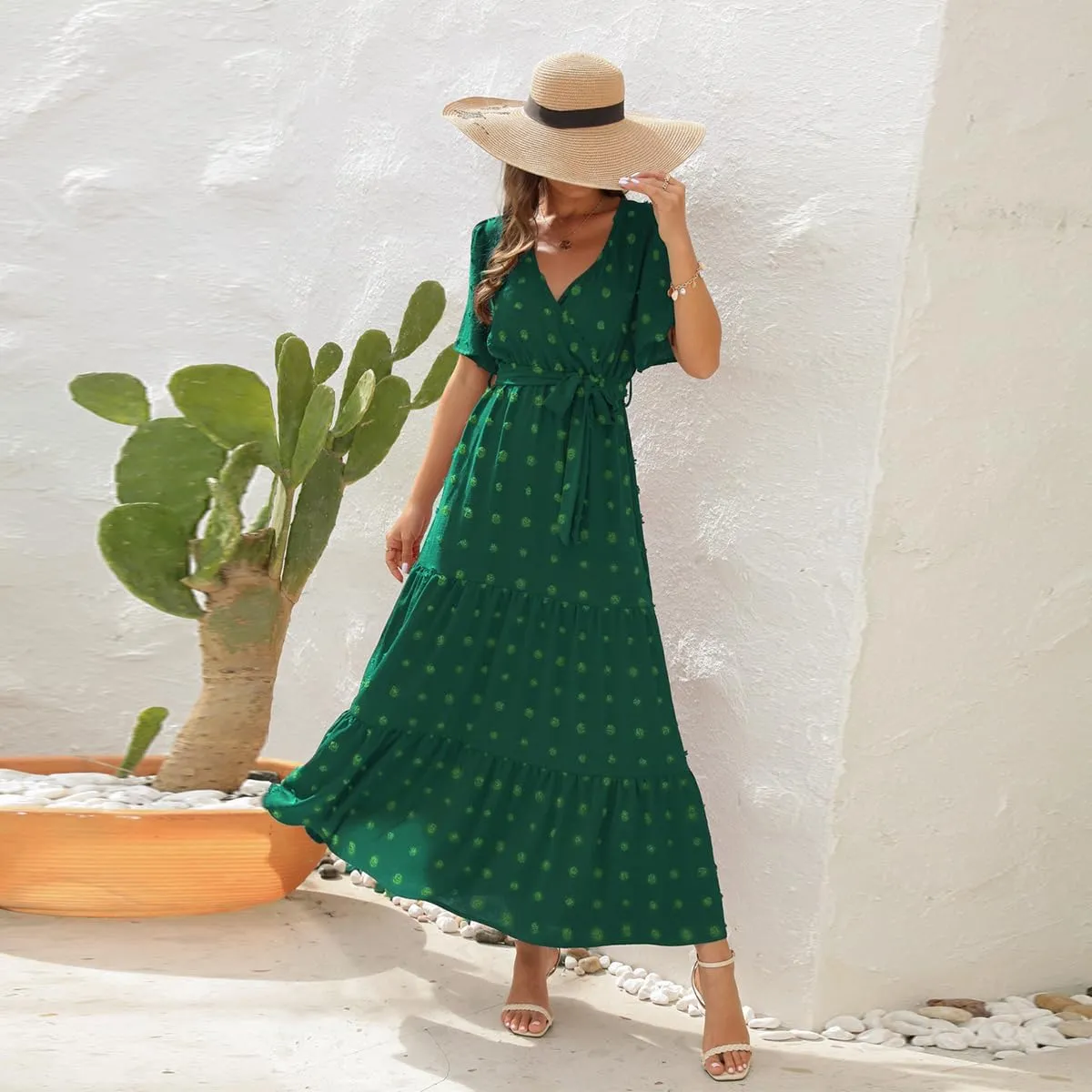 Women Boho Swiss Dot Maxi Dress with Belt Casual Summer Dresses V Neck Short Sleeve Ruffle Tiered Long Cocktail Dress